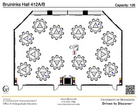 Plan view of the classroom that provides room capacity, seating locations and exits. A QR code links to room schedule and contact information is in the footer