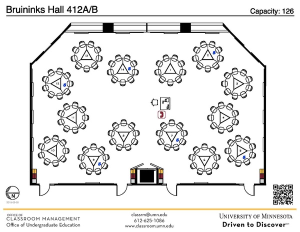 Plan view of the classroom that provides room capacity, seating locations and exits. A QR code links to room schedule and contact information is in the footer