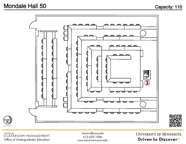 Plan view of the classroom that provides room capacity, seating locations and exits. A QR code links to room schedule and contact information is in the footer