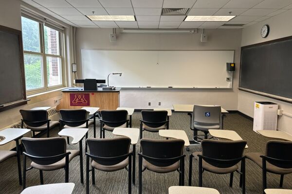 Front of room view with lectern on left side 