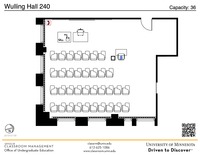 Plan view of the classroom that provides room capacity, seating locations and exits. A QR code links to room schedule and contact information is in the footer