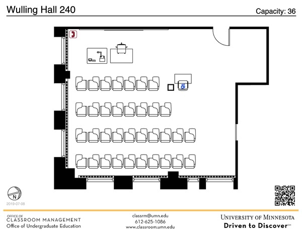 Plan view of the classroom that provides room capacity, seating locations and exits. A QR code links to room schedule and contact information is in the footer