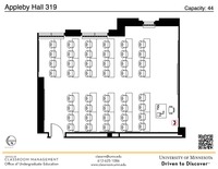 Plan view of the classroom that provides room capacity, seating locations and exits. A QR code links to room schedule and contact information is in the footer