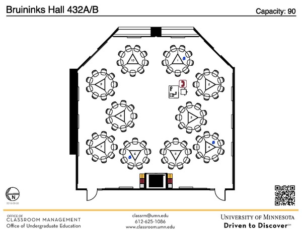 Plan view of the classroom that provides room capacity, seating locations and exits. A QR code links to room schedule and contact information is in the footer