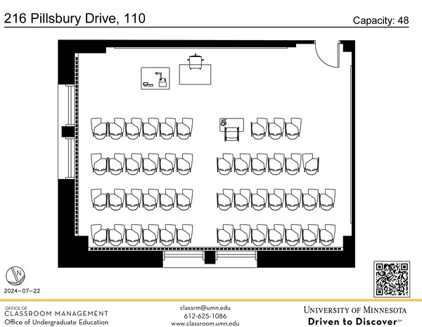 Plan view of the classroom that provides room capacity, seating locations and exits. A QR code links to room schedule and contact information is in the footer