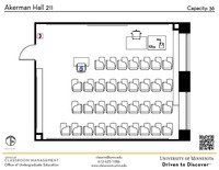 Plan view of the classroom that provides room capacity, seating locations and exits. A QR code links to room schedule and contact information is in the footer