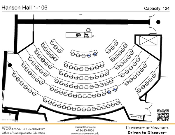 Plan view of the classroom that provides room capacity, seating locations and exits. A QR code links to room schedule and contact information is in the footer