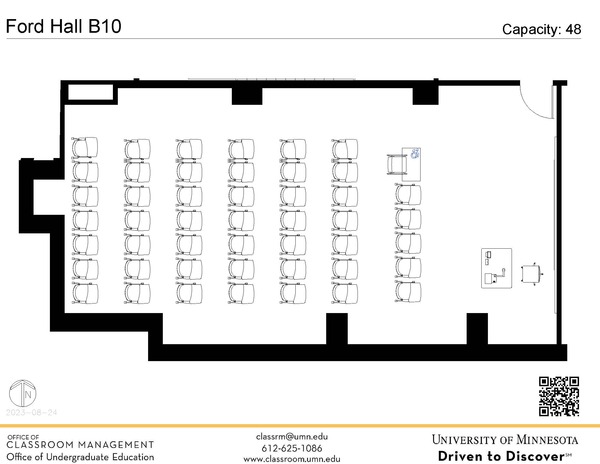 Plan view of the classroom that provides room capacity, seating locations and exits. A QR code links to room schedule and contact information is in the footer