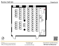 Plan view of the classroom that provides room capacity, seating locations and exits. A QR code links to room schedule and contact information is in the footer