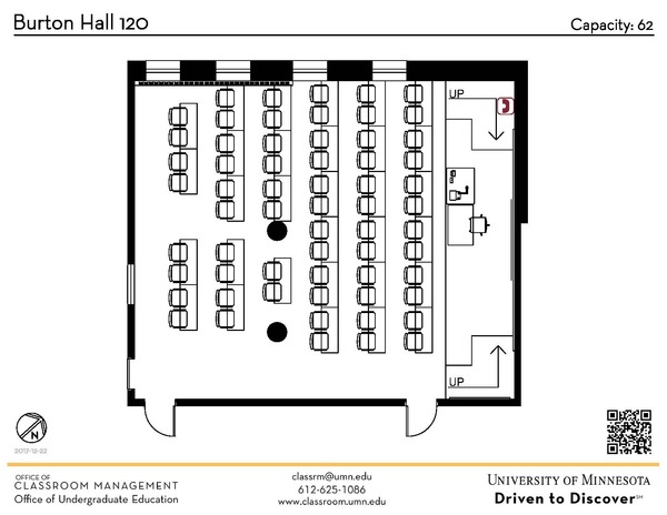 Plan view of the classroom that provides room capacity, seating locations and exits. A QR code links to room schedule and contact information is in the footer