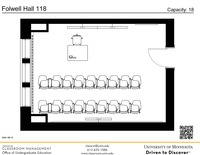 Plan view of the classroom that provides room capacity, seating locations and exits. A QR code links to room schedule and contact information is in the footer