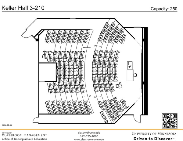 Plan view of the classroom that provides room capacity, seating locations and exits. A QR code links to room schedule and contact information is in the footer