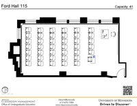 Plan view of the classroom that provides room capacity, seating locations and exits. A QR code links to room schedule and contact information is in the footer