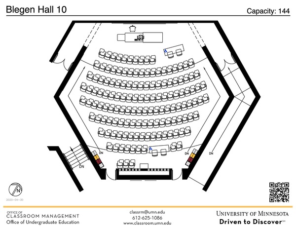 Plan view of the classroom that provides room capacity, seating locations and exits. A QR code links to room schedule and contact information is in the footer