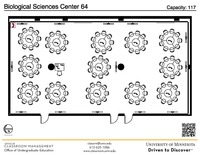 Plan view of the classroom that provides room capacity, seating locations and exits. A QR code links to room schedule and contact information is in the footer