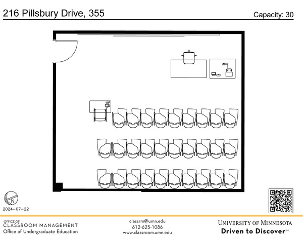 Plan view of the classroom that provides room capacity, seating locations and exits. A QR code links to room schedule and contact information is in the footer