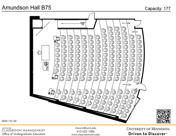 Plan view of the classroom that provides room capacity, seating locations and exits. A QR code links to room schedule and contact information is in the footer