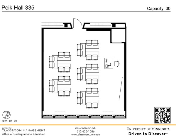 Plan view of the classroom that provides room capacity, seating locations and exits. A QR code links to room schedule and contact information is in the footer