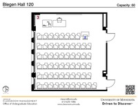 Plan view of the classroom that provides room capacity, seating locations and exits. A QR code links to room schedule and contact information is in the footer