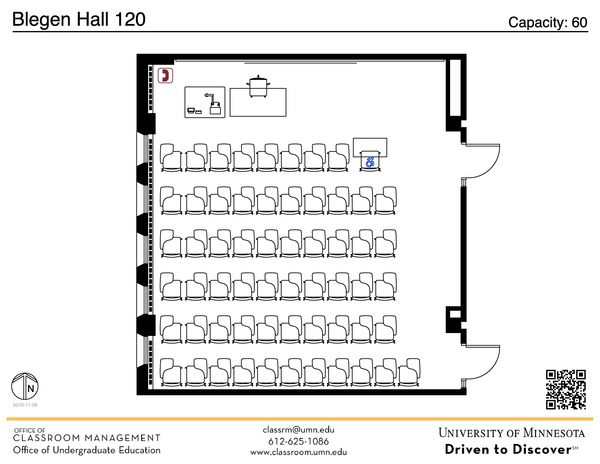 Plan view of the classroom that provides room capacity, seating locations and exits. A QR code links to room schedule and contact information is in the footer