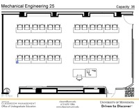 Plan view of the classroom that provides room capacity, seating locations and exits. A QR code links to room schedule and contact information is in the footer