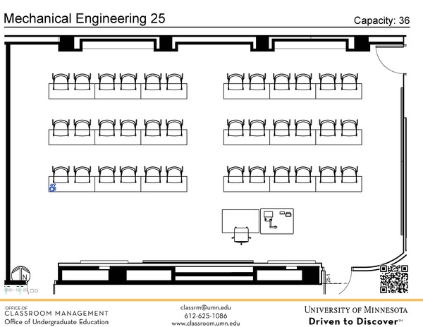 Plan view of the classroom that provides room capacity, seating locations and exits. A QR code links to room schedule and contact information is in the footer