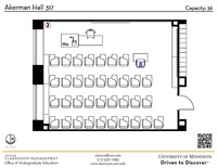 Plan view of the classroom that provides room capacity, seating locations and exits. A QR code links to room schedule and contact information is in the footer