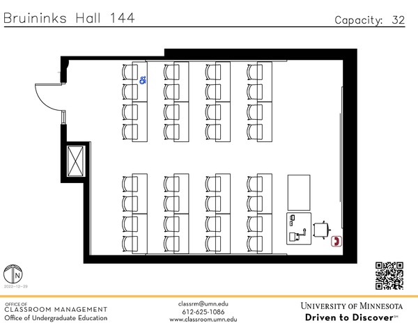 Plan view of the classroom that provides room capacity, seating locations and exits. A QR code links to room schedule and contact information is in the footer