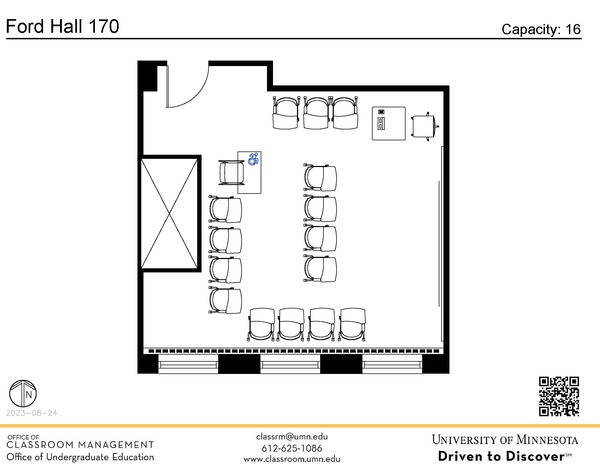 Plan view of the classroom that provides room capacity, seating locations and exits. A QR code links to room schedule and contact information is in the footer