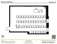 Plan view of the classroom that provides room capacity, seating locations and exits. A QR code links to room schedule and contact information is in the footer