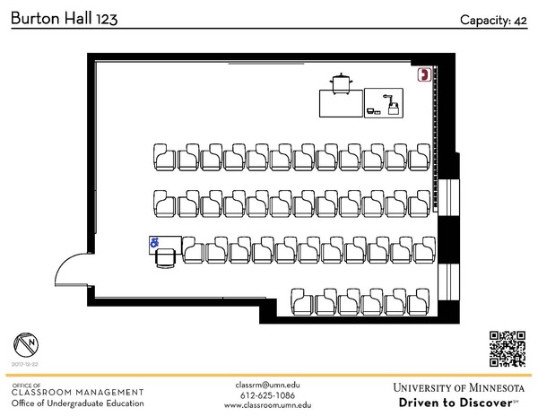 Plan view of the classroom that provides room capacity, seating locations and exits. A QR code links to room schedule and contact information is in the footer