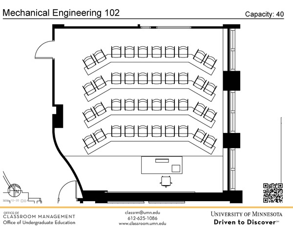 Plan view of the classroom that provides room capacity, seating locations and exits. A QR code links to room schedule and contact information is in the footer