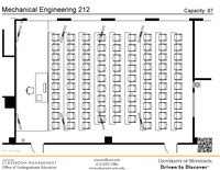 Plan view of the classroom that provides room capacity, seating locations and exits. A QR code links to room schedule and contact information is in the footer