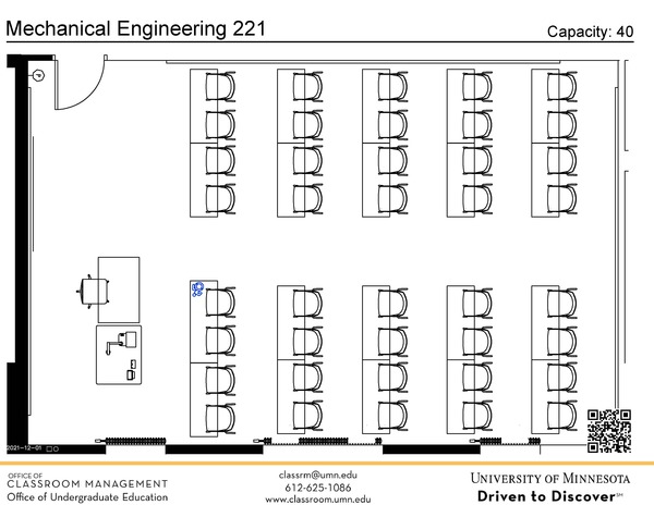 Plan view of the classroom that provides room capacity, seating locations and exits. A QR code links to room schedule and contact information is in the footer