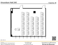 Plan view of the classroom that provides room capacity, seating locations and exits. A QR code links to room schedule and contact information is in the footer