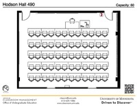 Plan view of the classroom that provides room capacity, seating locations and exits. A QR code links to room schedule and contact information is in the footer