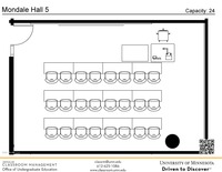 Plan view of the classroom that provides room capacity, seating locations and exits. A QR code links to room schedule and contact information is in the footer