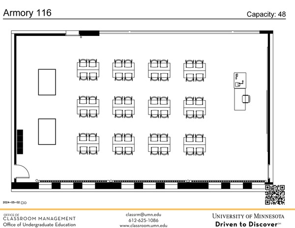 Plan view of the classroom that provides room capacity, seating locations and exits. A QR code links to room schedule and contact information is in the footer