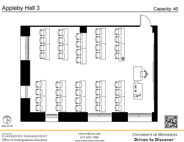 Plan view of the classroom that provides room capacity, seating locations and exits. A QR code links to room schedule and contact information is in the footer