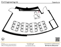 Plan view of the classroom that provides room capacity, seating locations and exits. A QR code links to room schedule and contact information is in the footer