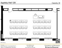 Plan view of the classroom that provides room capacity, seating locations and exits. A QR code links to room schedule and contact information is in the footer