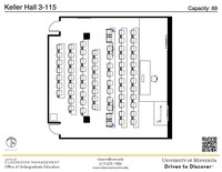 Plan view of the classroom that provides room capacity, seating locations and exits. A QR code links to room schedule and contact information is in the footer