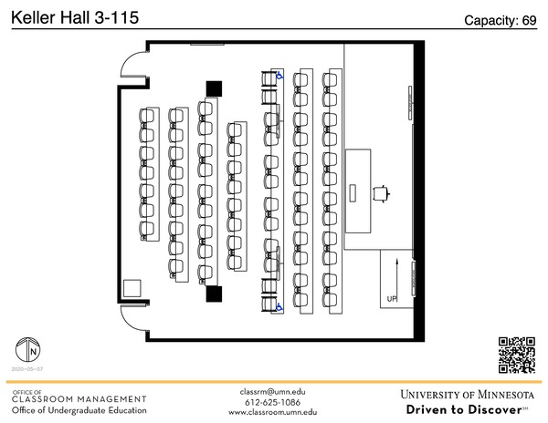 Plan view of the classroom that provides room capacity, seating locations and exits. A QR code links to room schedule and contact information is in the footer