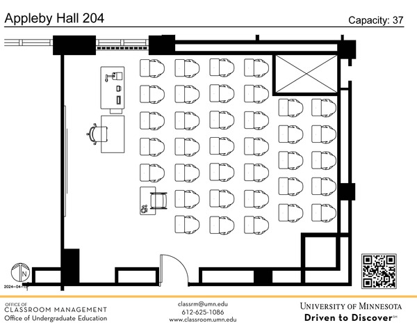 Plan view of the classroom that provides room capacity, seating locations and exits. A QR code links to room schedule and contact information is in the footer