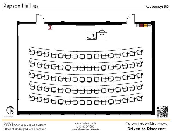 Plan view of the classroom that provides room capacity, seating locations and exits. A QR code links to room schedule and contact information is in the footer