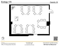 Plan view of the classroom that provides room capacity, seating locations and exits. A QR code links to room schedule and contact information is in the footer