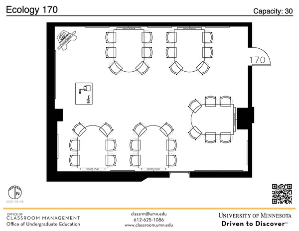 Plan view of the classroom that provides room capacity, seating locations and exits. A QR code links to room schedule and contact information is in the footer