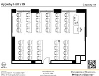 Plan view of the classroom that provides room capacity, seating locations and exits. A QR code links to room schedule and contact information is in the footer