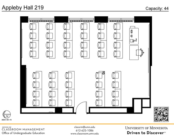 Plan view of the classroom that provides room capacity, seating locations and exits. A QR code links to room schedule and contact information is in the footer