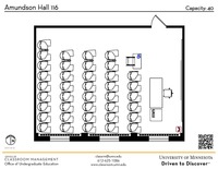 Plan view of the classroom that provides room capacity, seating locations and exits. A QR code links to room schedule and contact information is in the footer